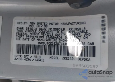 2009 Toyota Corolla Le from USA, damaged, VIN 1NXBU40E19Z071449